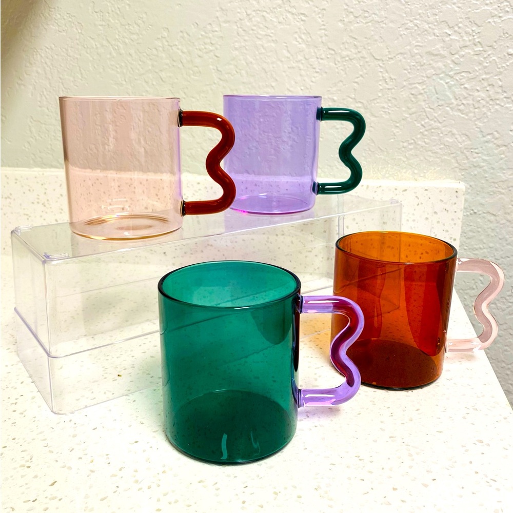SETOF4 BRANDNEW Squiggle Wavy Retro COLOR Borosilicate Glass Transparent Cup Mug